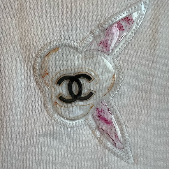 CHANEL Multicolor Camelia Flower Top  White Cotton Shirt 42 6 8 Small Medium EUC - Picture 14 of 16